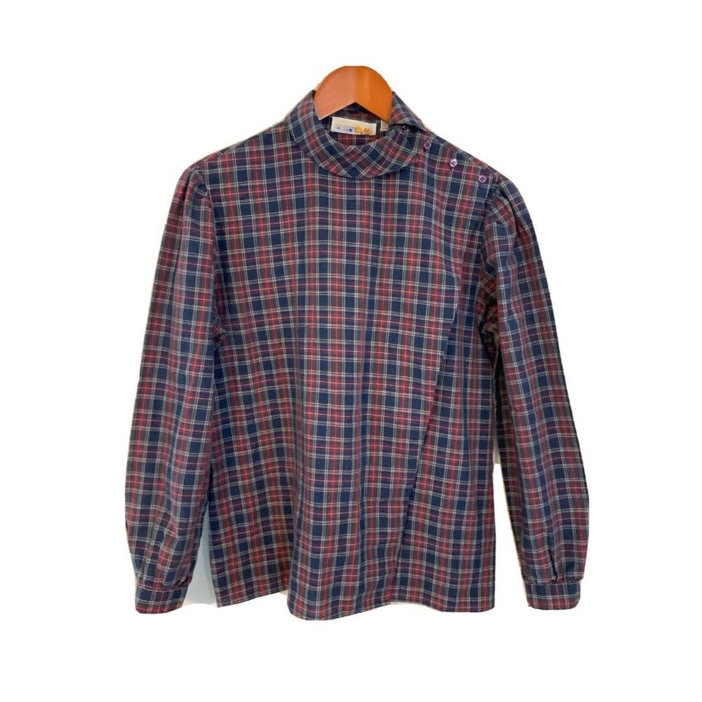 Vtg Astor One Button Down Plaid Blouse Puff Sleeve Navy 80's Western approx sz M